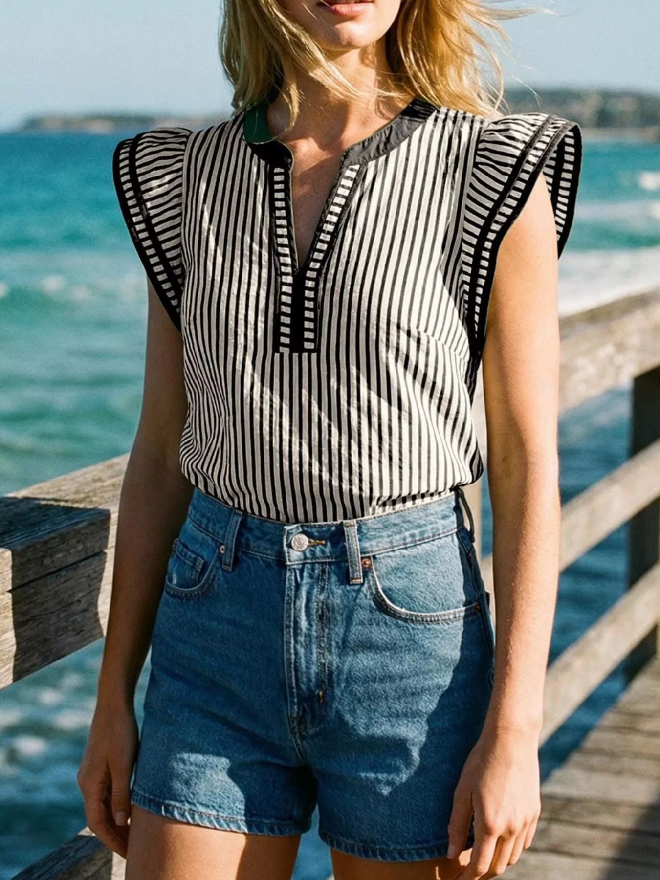 Striped Ruffle Sleeve Blouse 