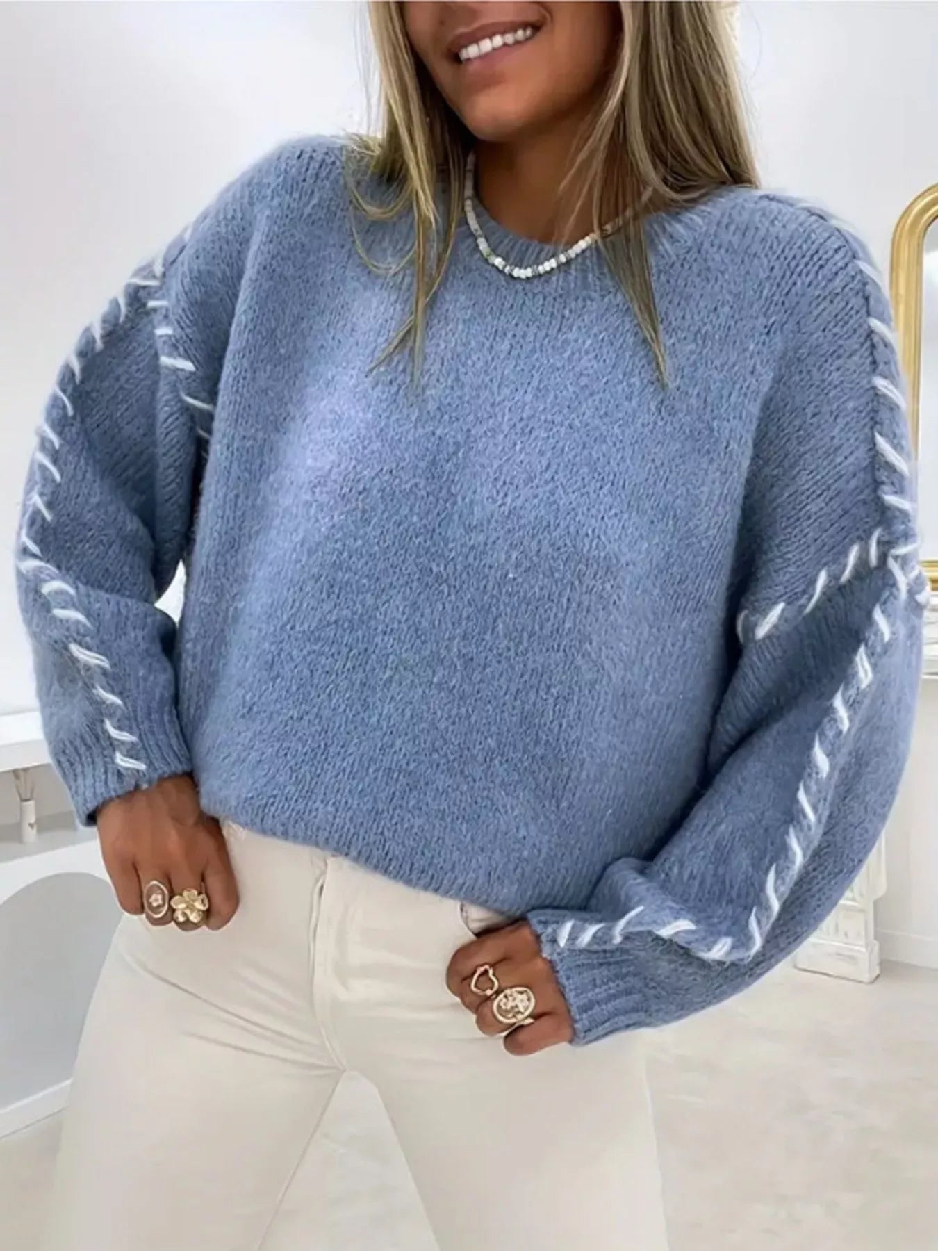 Contrast Stitching Dropped Shoulder Sweater 