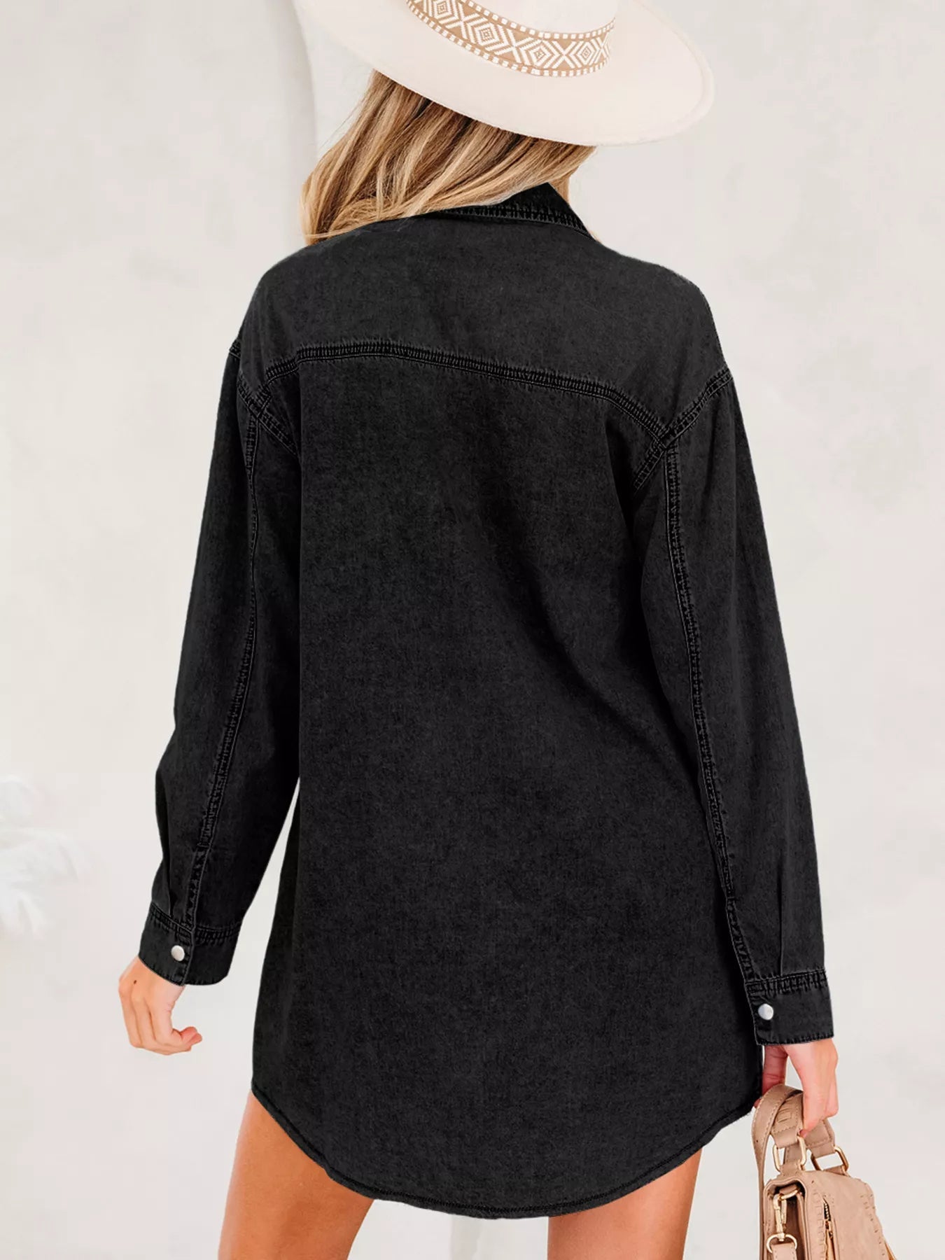 Chest Pocket Raw Hem Denim Loose Shirt Dress 
