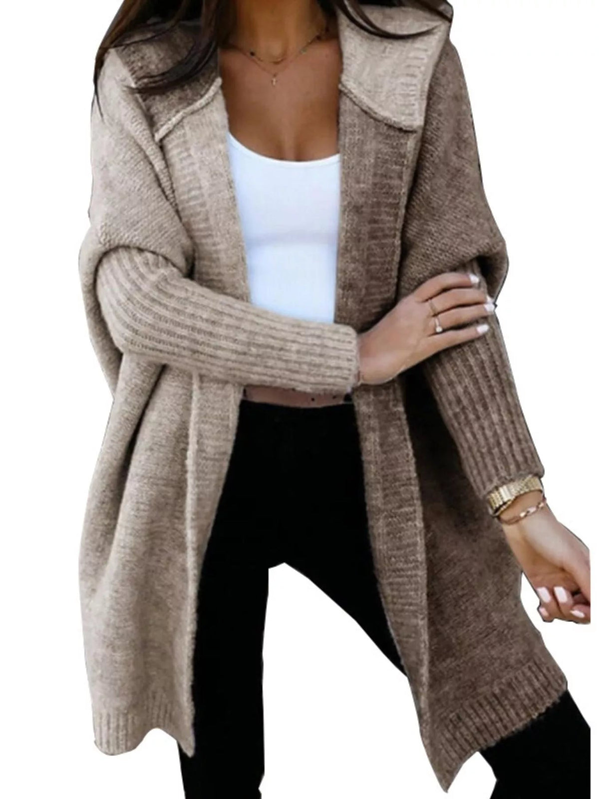 Two-Tone Open Front Knit Hooded Cardigan 