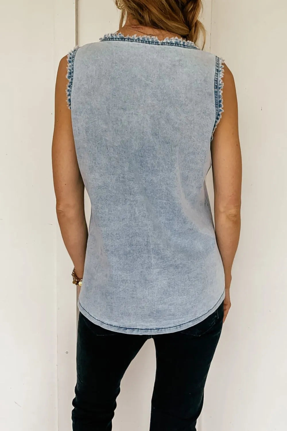Mineral Wash Denim Frayed U Neck Sleeveless Top 