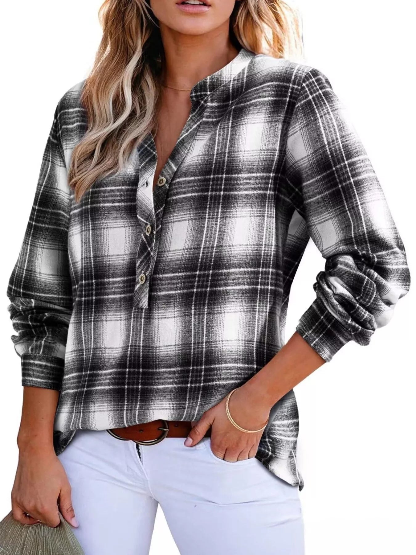 Plaid Half Button Long Sleeve Blouse 