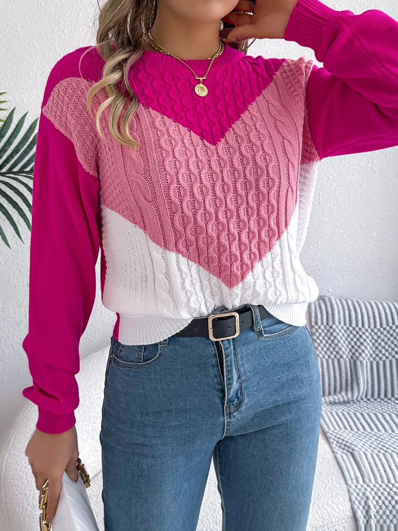 Color Block Cable Knit Sweater 