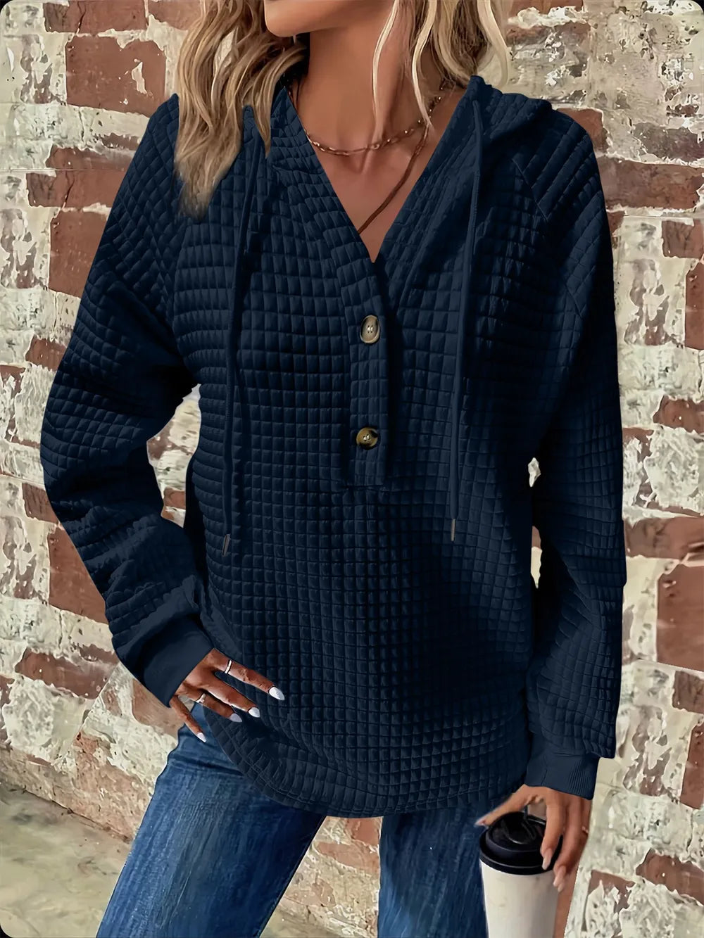 Full Size Texture Button Detail Drawstring Long Sleeve Hoodie 