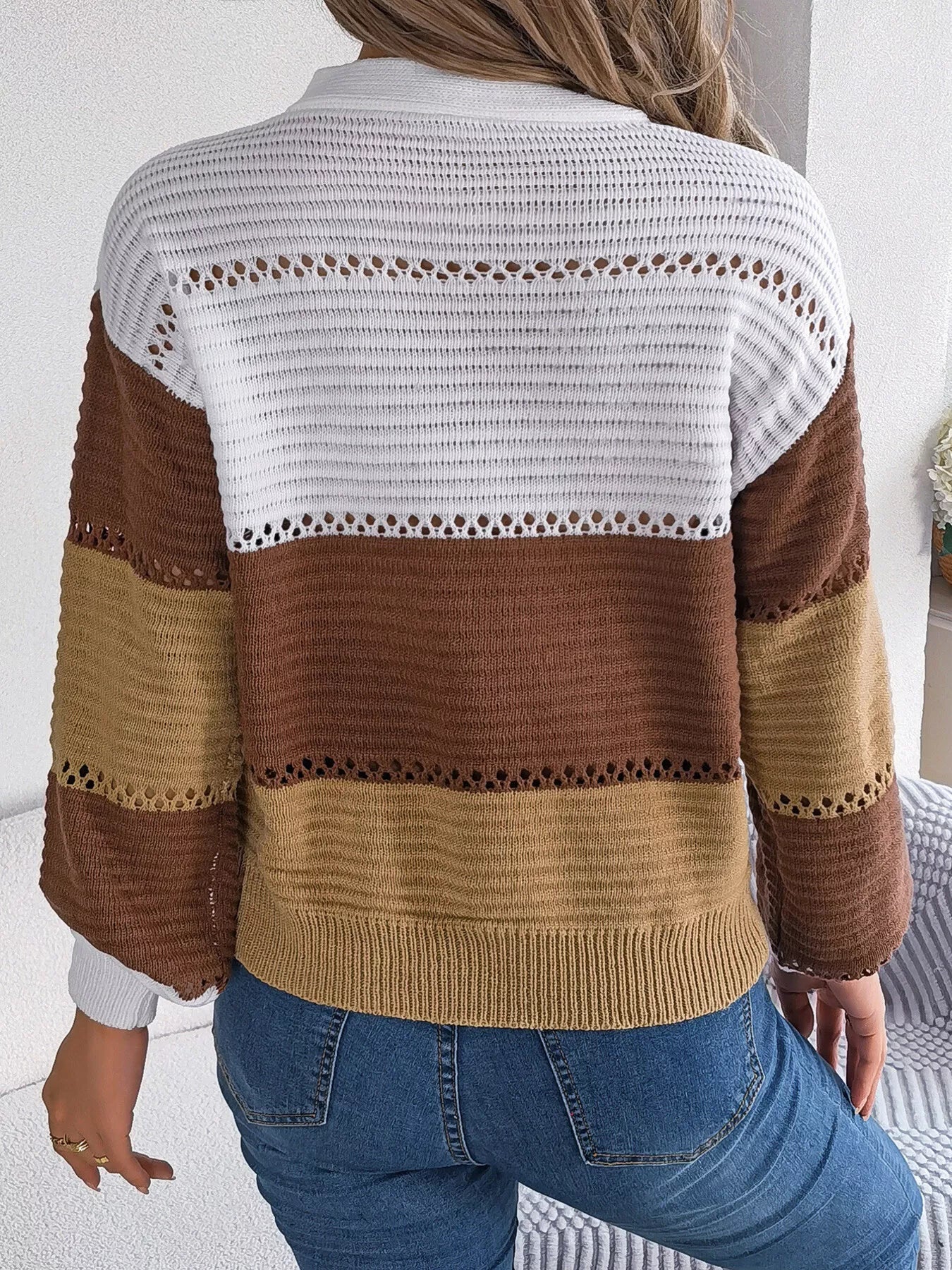 Color Block Striped V-Neck Button Detail Sweater 