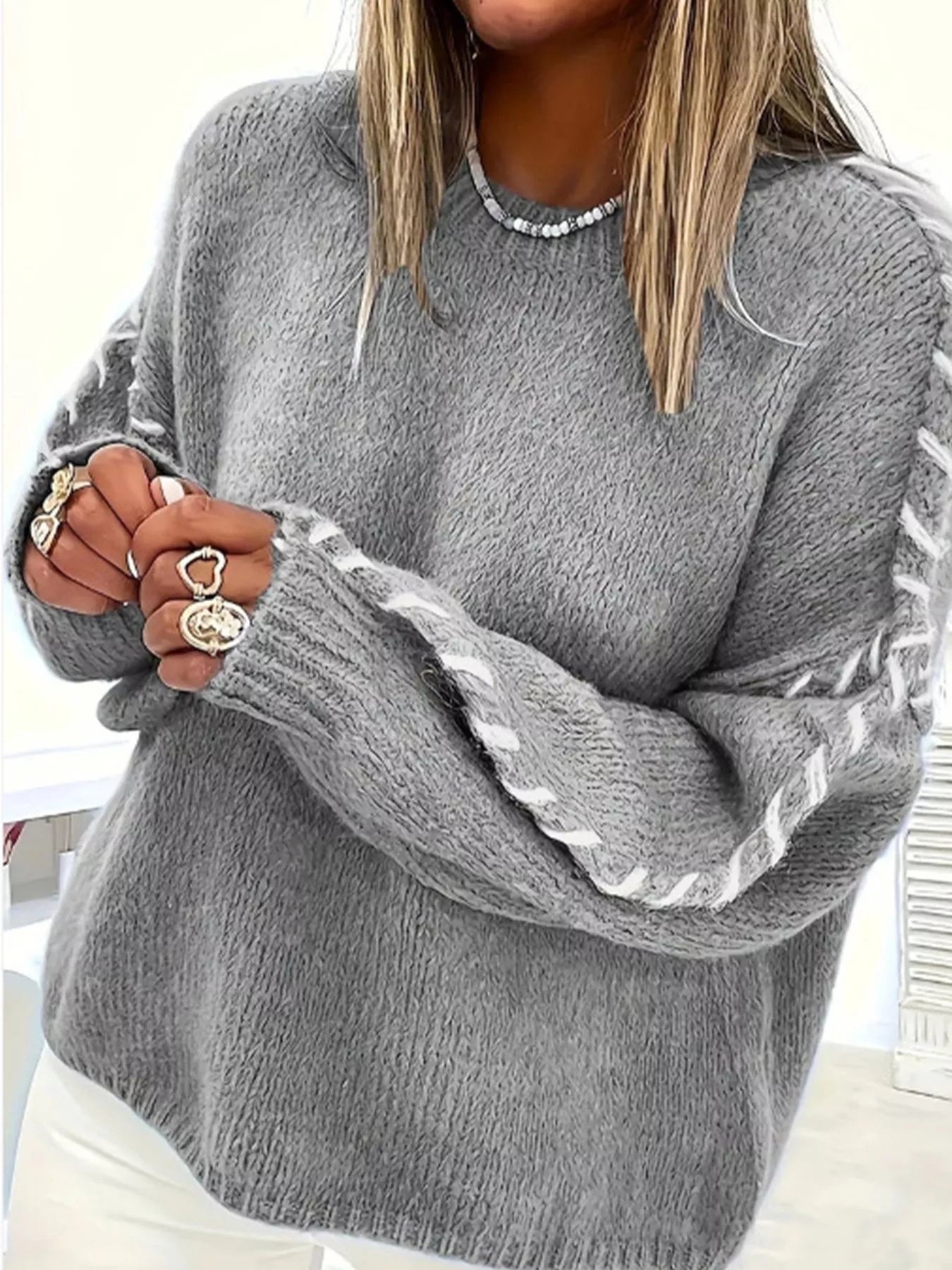 Contrast Stitching Dropped Shoulder Sweater 