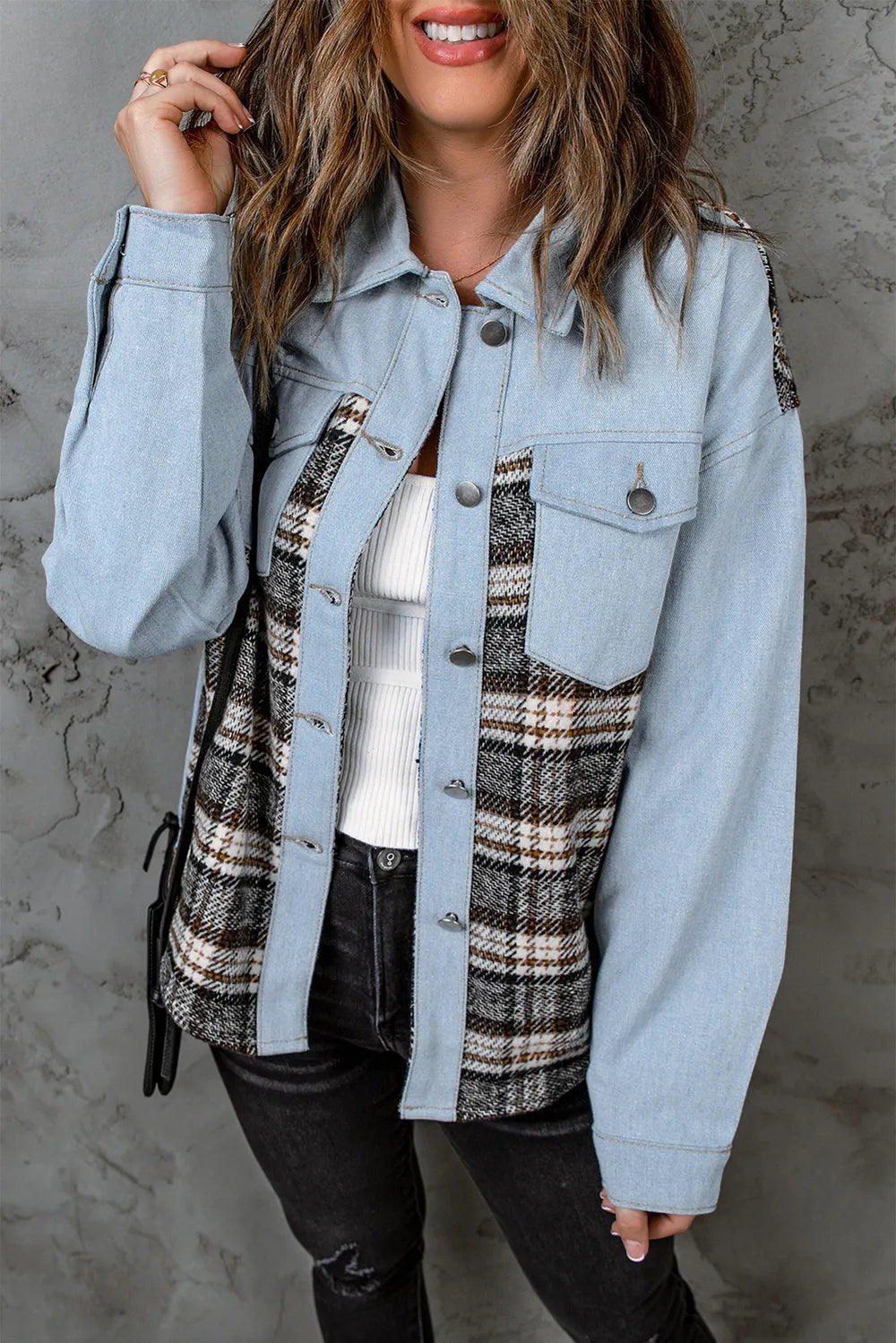 Plaid Pocketed Button Up Denim Jacket 