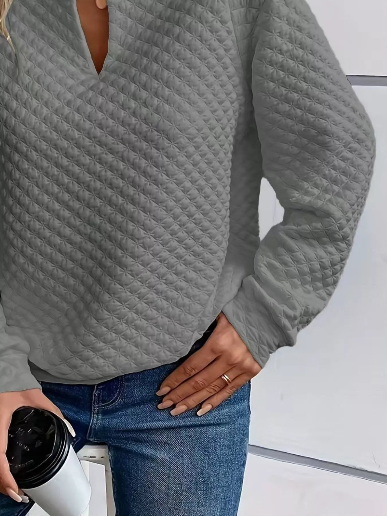 Textured Notched Raglan Sleeve Sweatshirt 