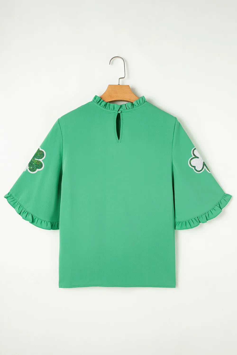 Sequin Clover Graphic Ruffled Trim Bell Sleeve St Patrick Blouse 