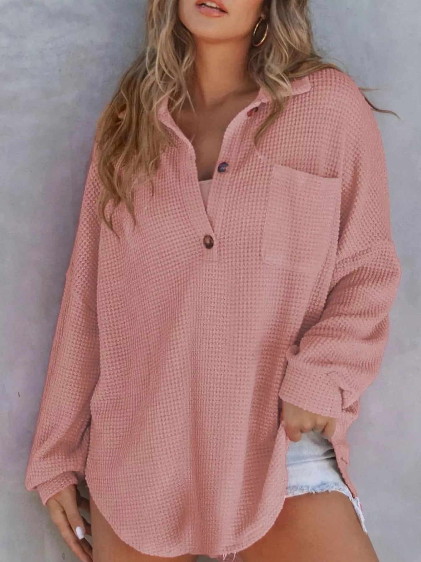 Casual Waffle Knit Button Detail Blouse 