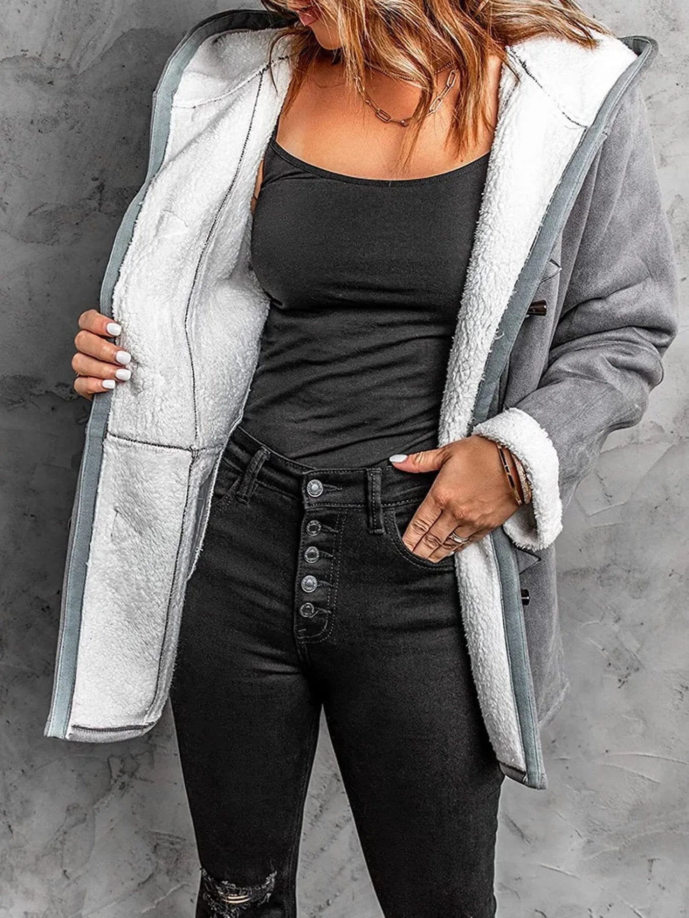 Full Size Cozy Sherpa Lined Toggle Coat with Hood Plus Size 