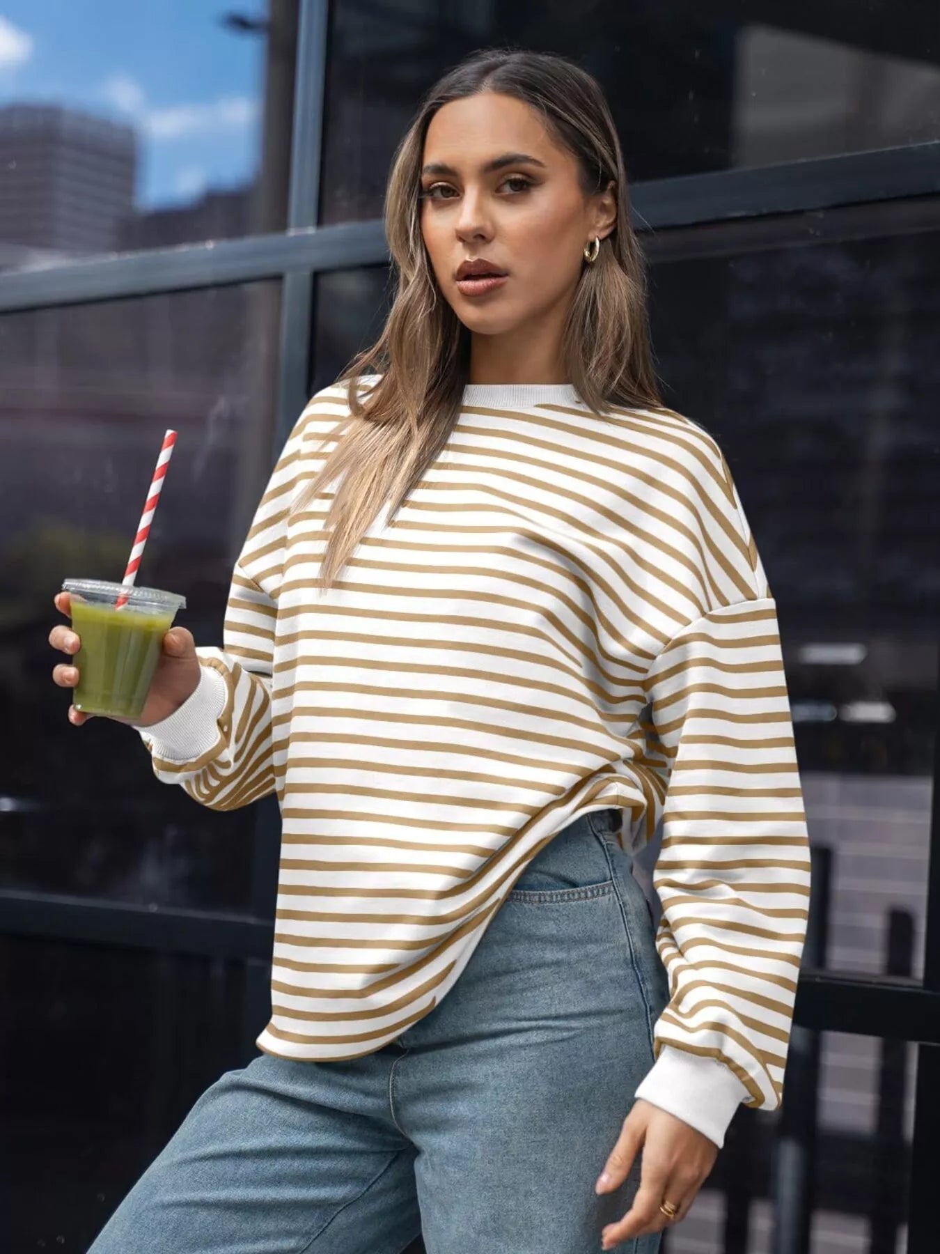 Striped Round Neck Oversized Casual Sweatshirt 