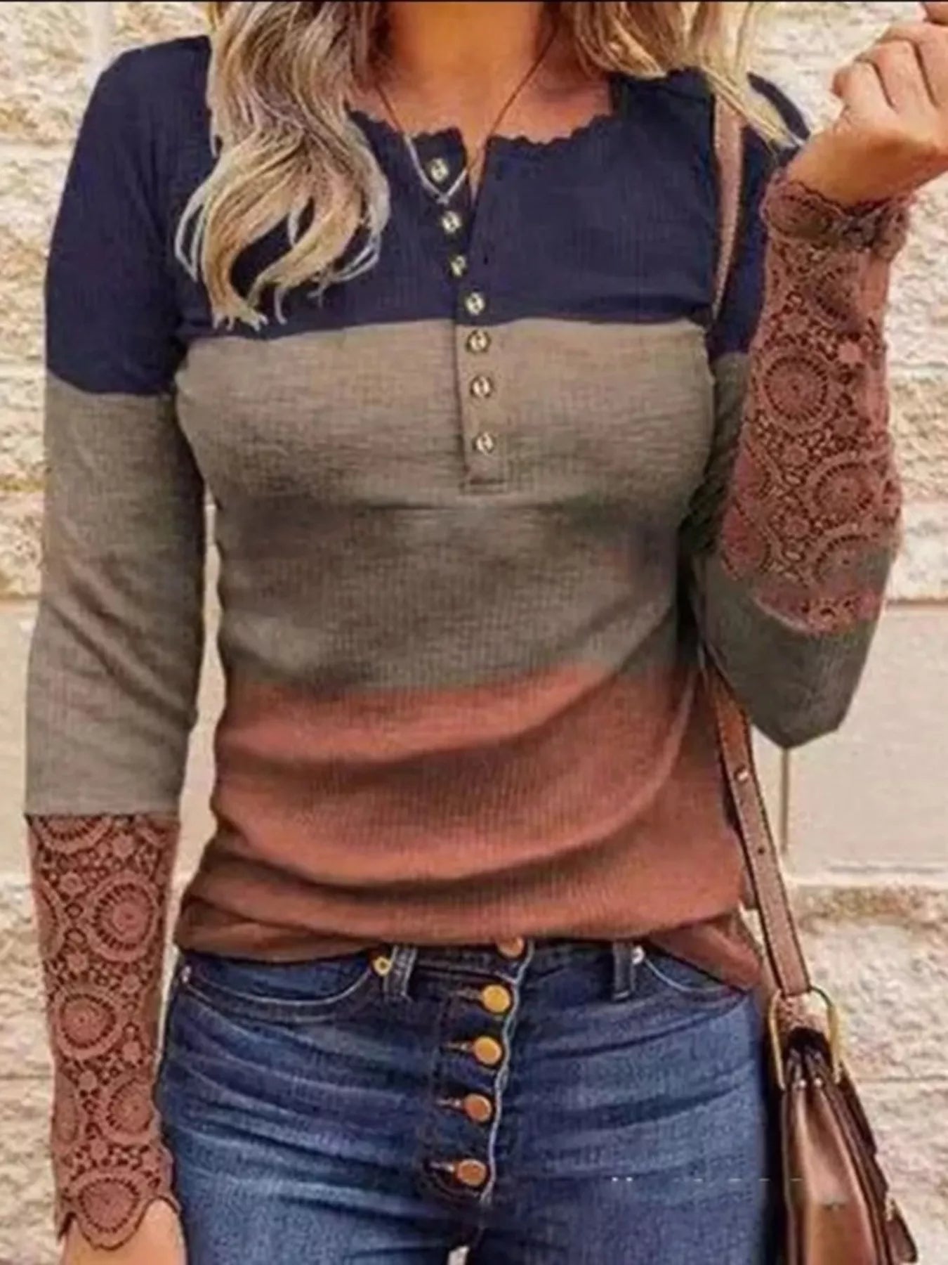 Color Block Lace Detail Half Button T-Shirt 