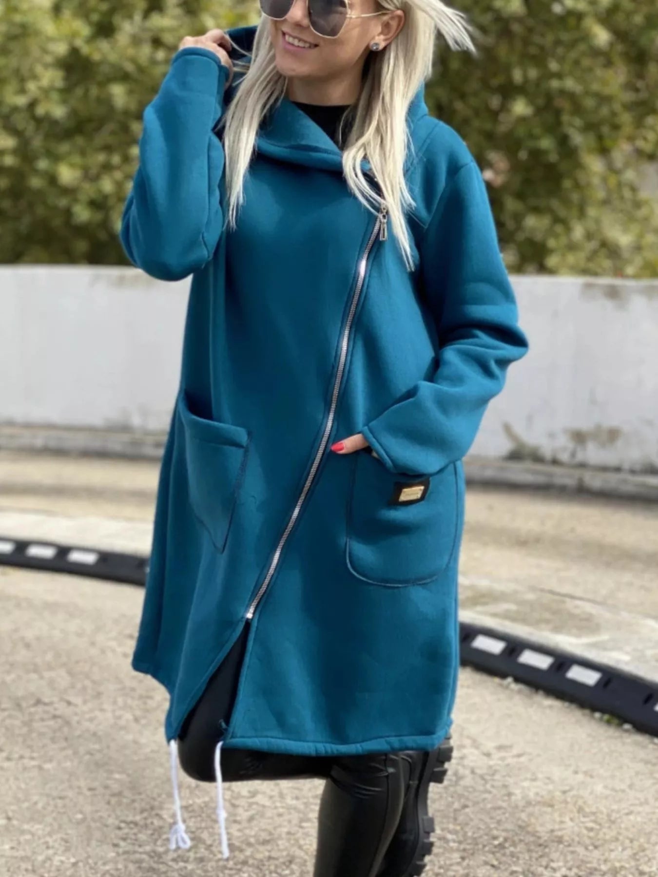 Full Size Asymmetrical Zip-Up Hooded Fleece Outerwear Plus Size 