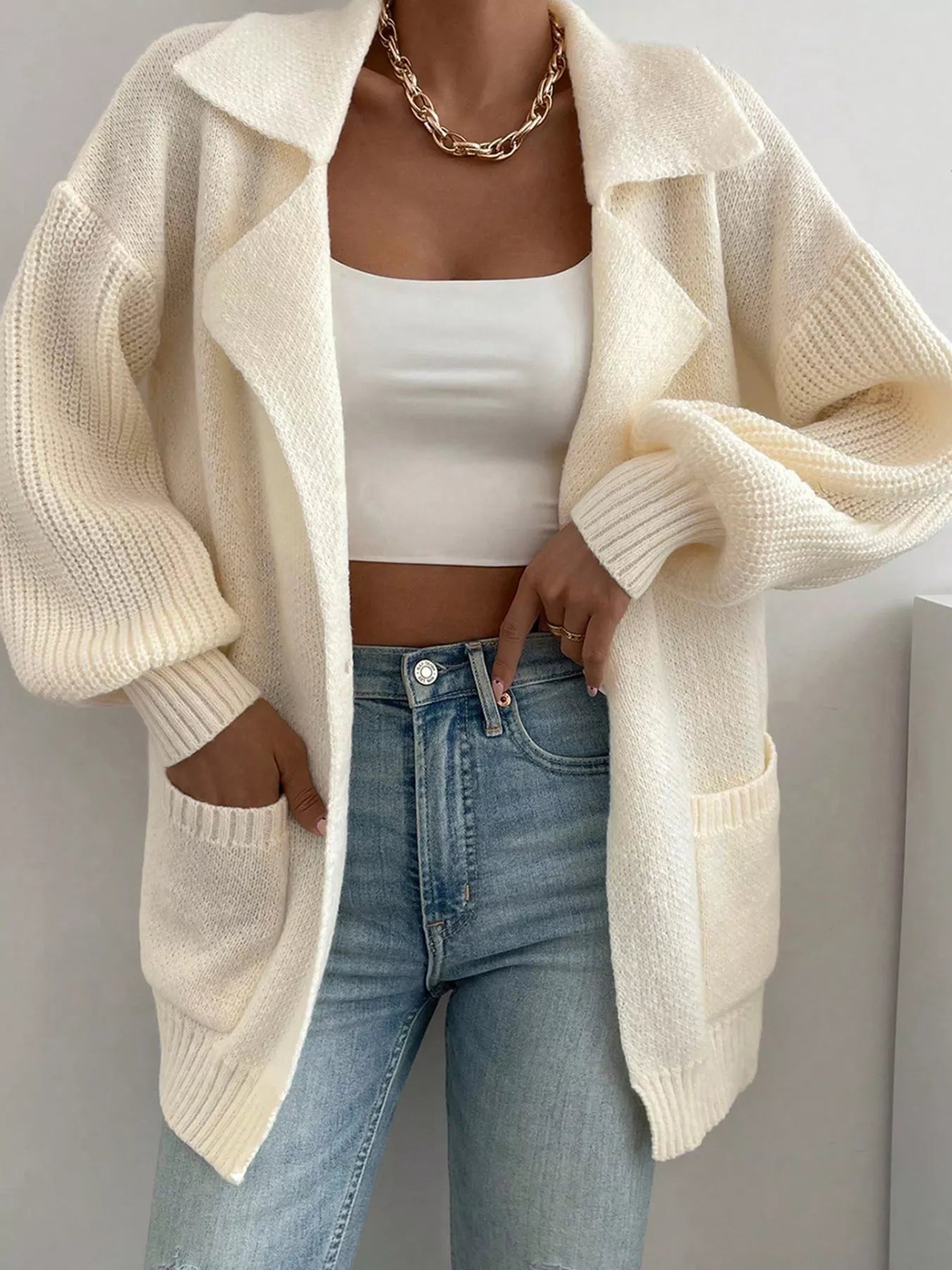 Solid Color Knit Lapel Collar Single Button Sweater Cardigan 