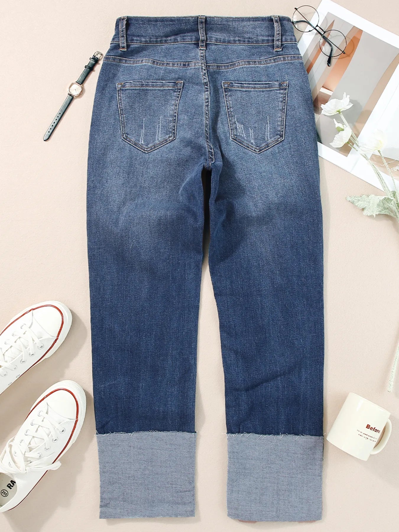 High Waist Distressed Straight Leg Jeans 