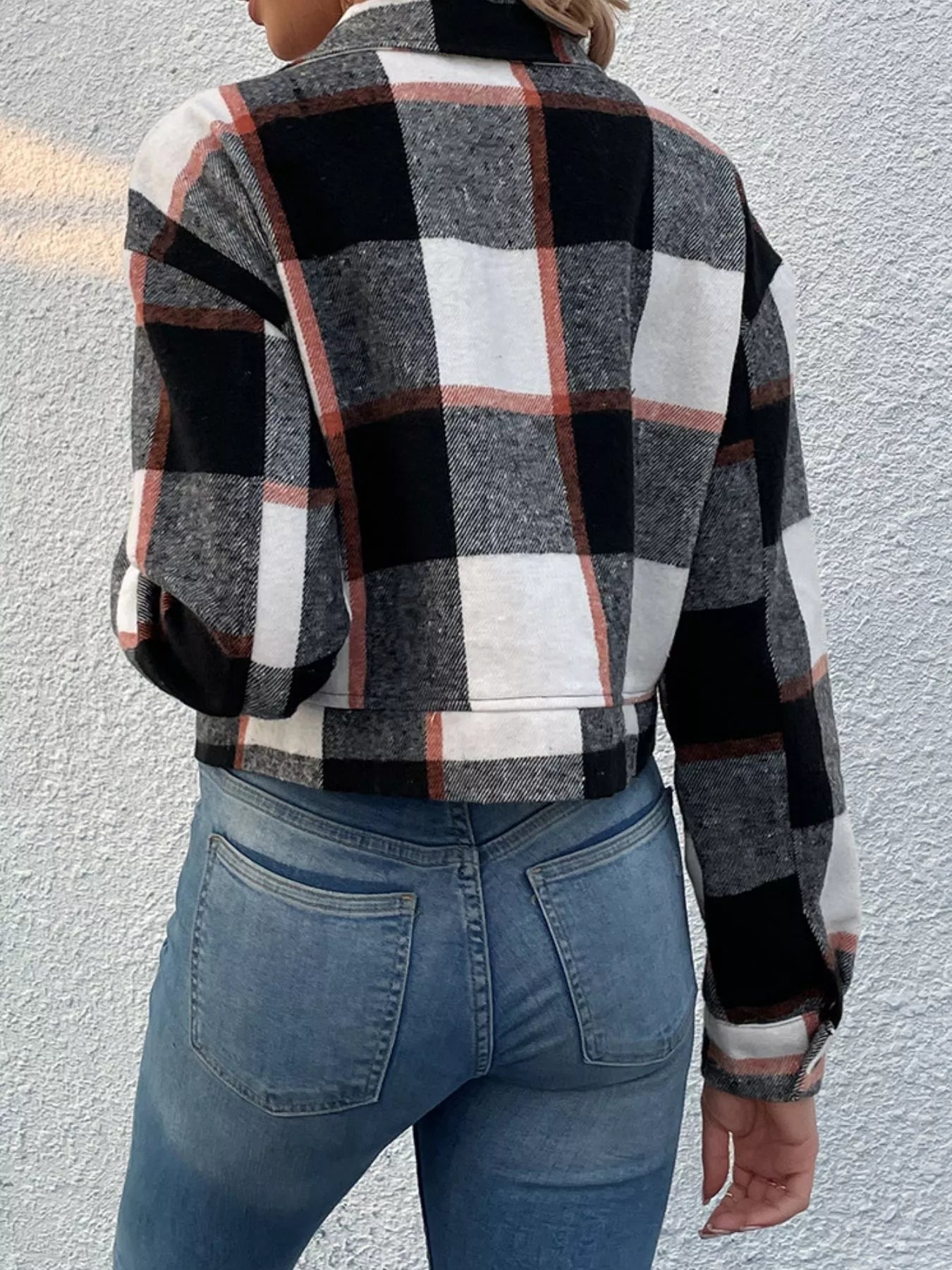 Plaid Button-Down Crop Jacket 