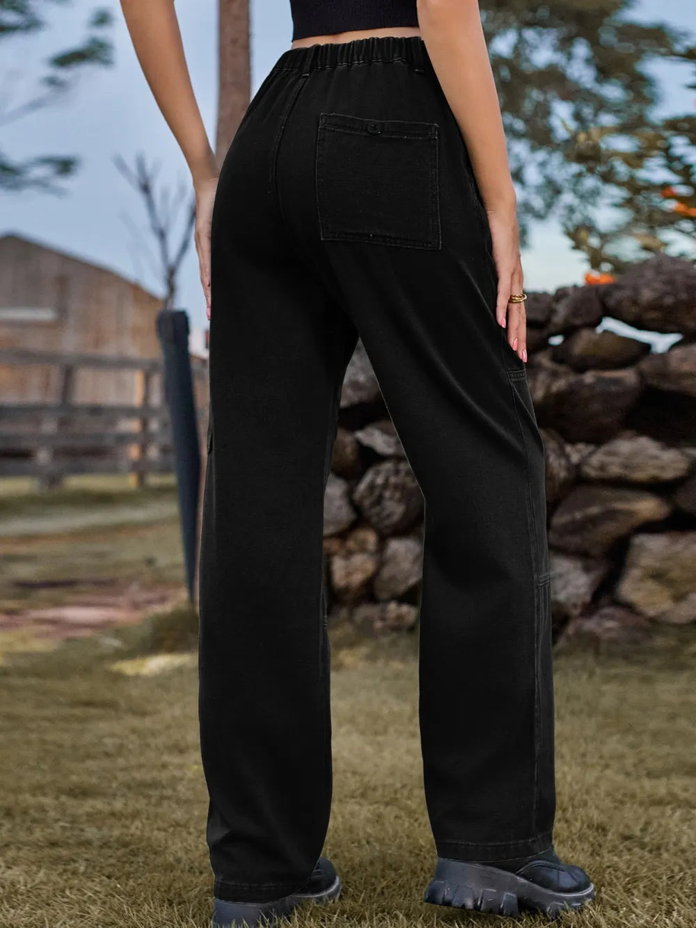 High Waist Cargo Straight Jeans 