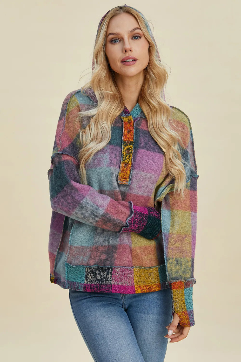 Double Take Full Size Plaid Dropped Shoulder Fleece Hoodie 