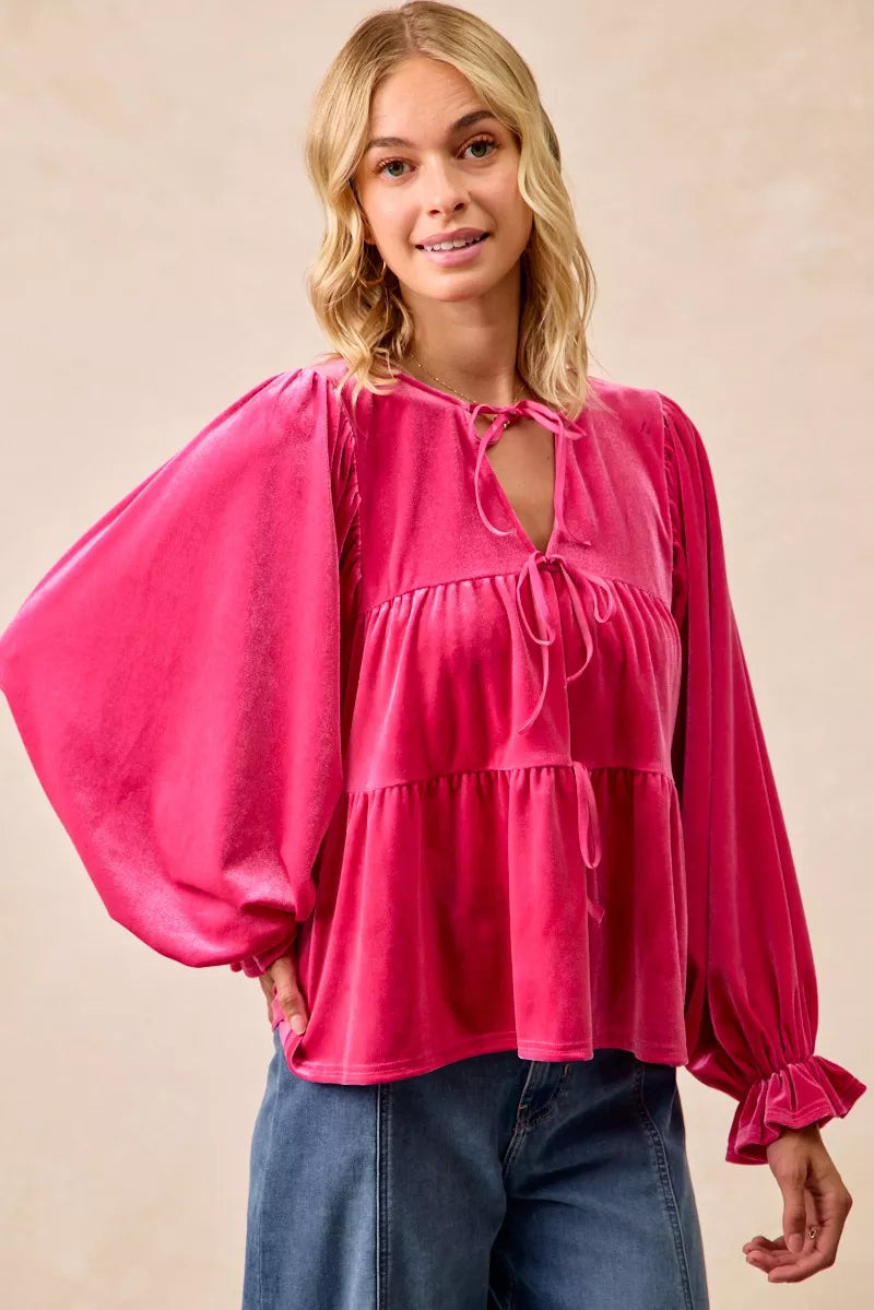 BiBi Christmas Theme Velvet Bow Tied Blouse 