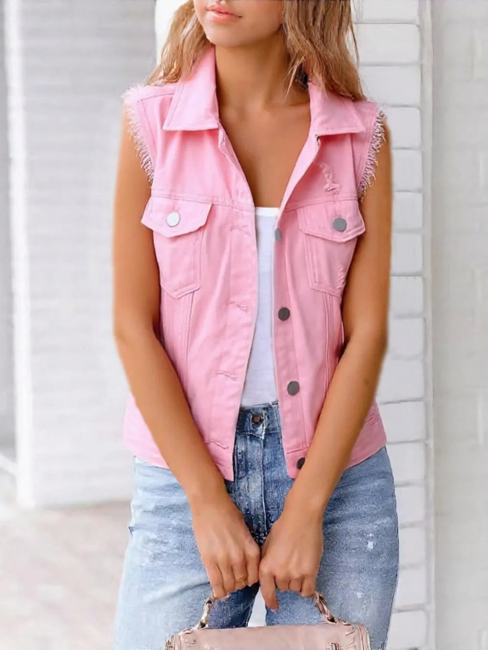 Full Size Button Down Raw Hem Sleeveless Denim Jacket Plus Size 