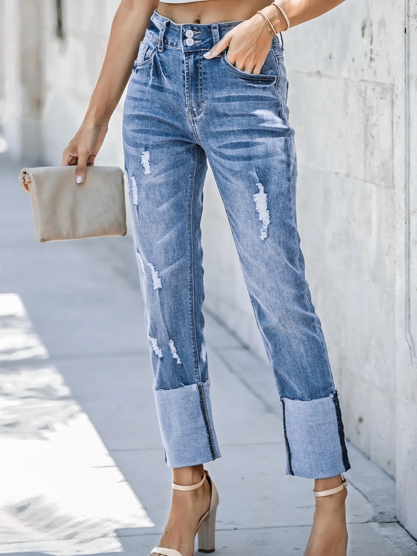 High Waist Distressed Straight Leg Jeans 