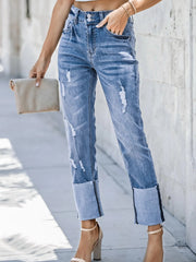 High Waist Distressed Straight Leg Jeans 