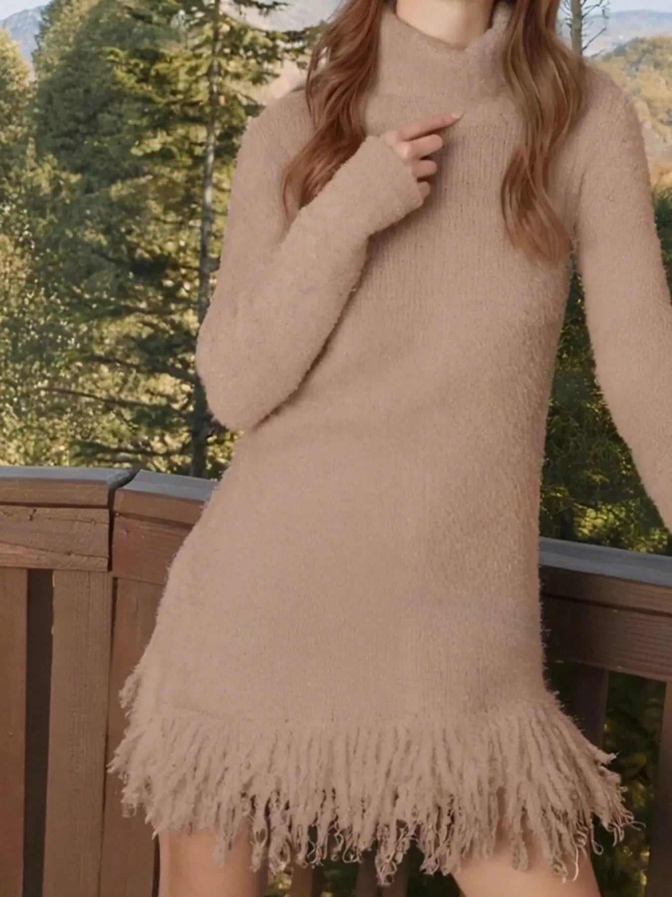 Fringe Turtleneck Long Sleeve Sweater Dress 