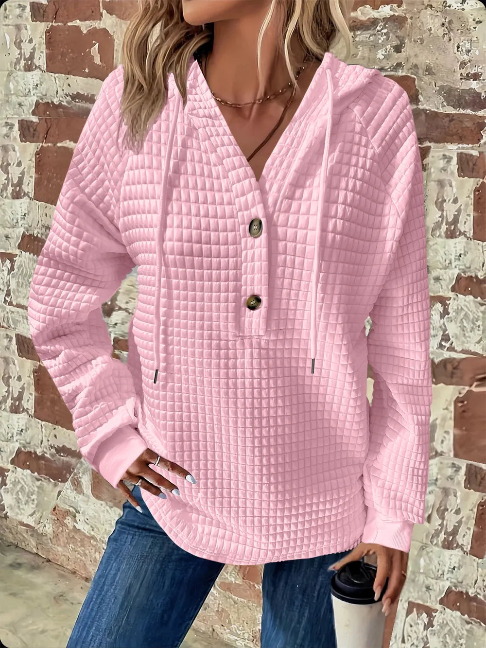 Full Size Texture Button Detail Drawstring Long Sleeve Hoodie 