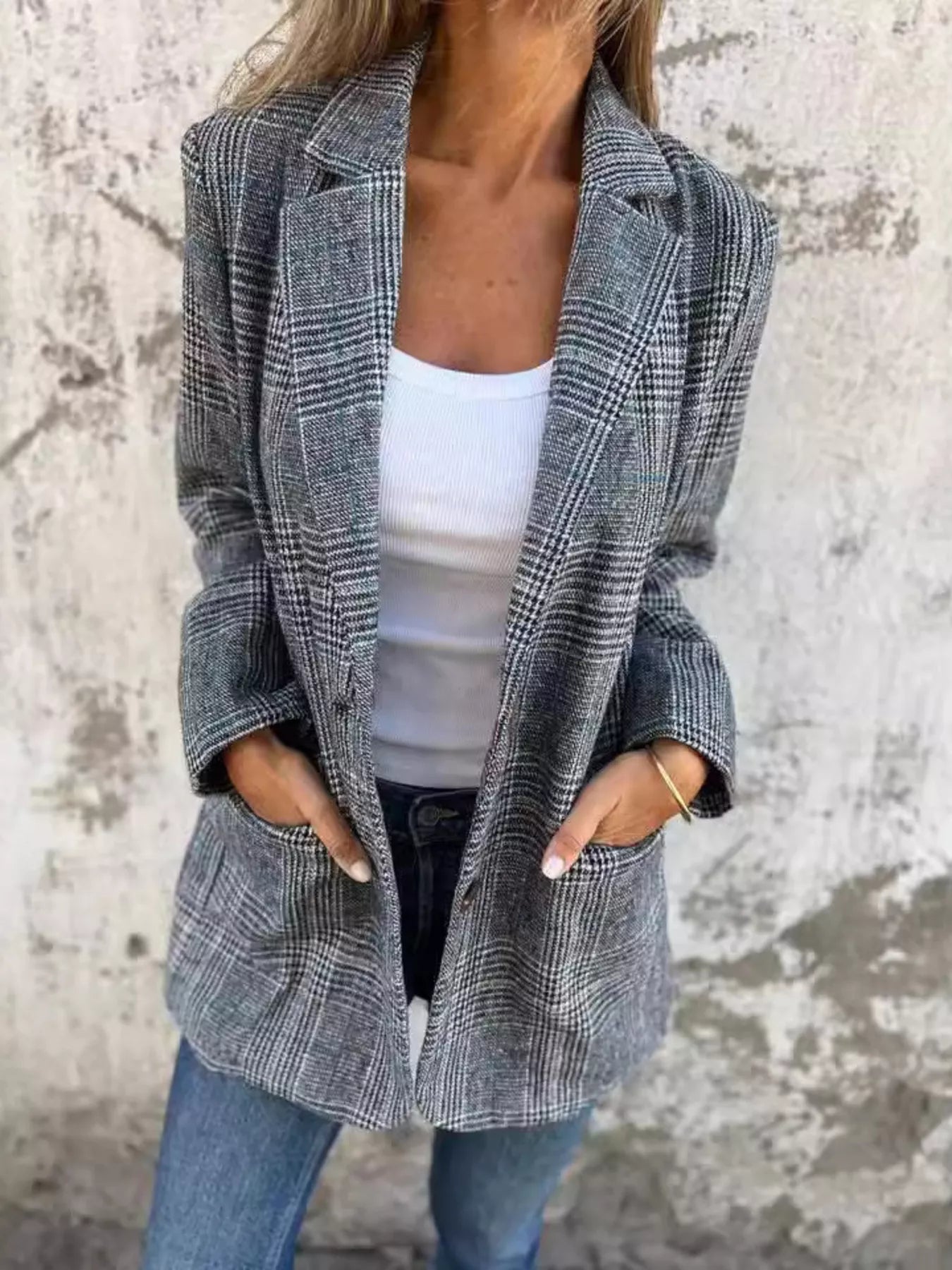 Full Size Plaid Single-Breasted Long Sleeve Blazer Plus Size 