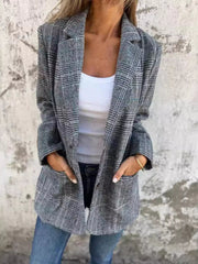 Full Size Plaid Single-Breasted Long Sleeve Blazer Plus Size 