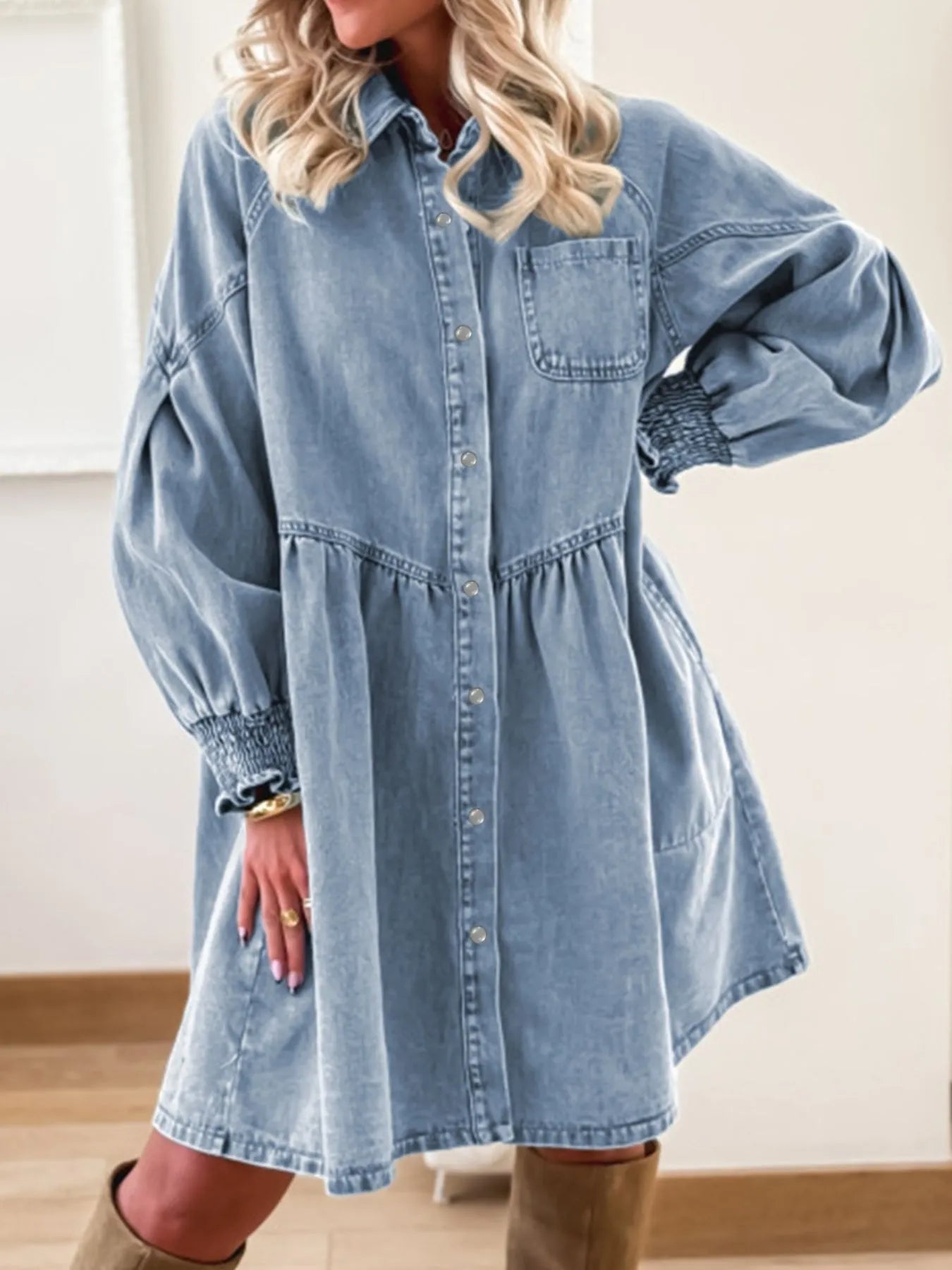 Button-Up Denim Shirt Dress with Smocked Cuffs 