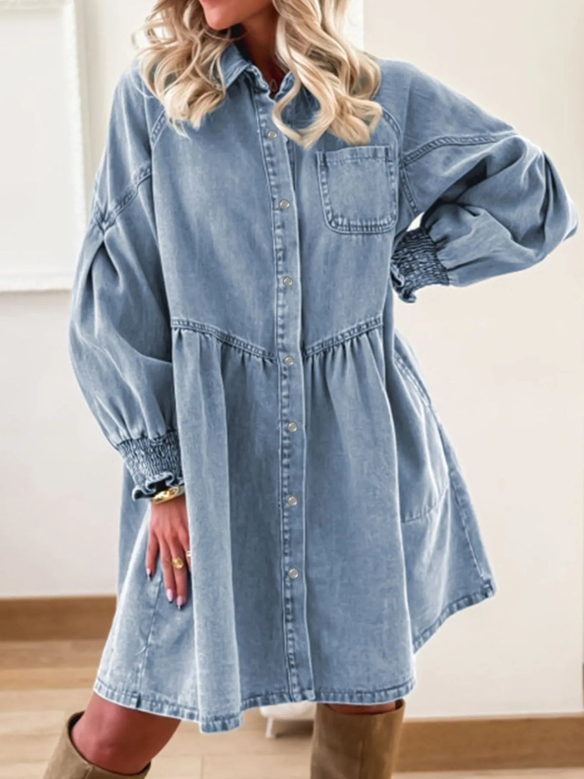 Button-Up Denim Shirt Dress with Smocked Cuffs 