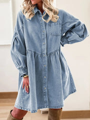 Button-Up Denim Shirt Dress with Smocked Cuffs 