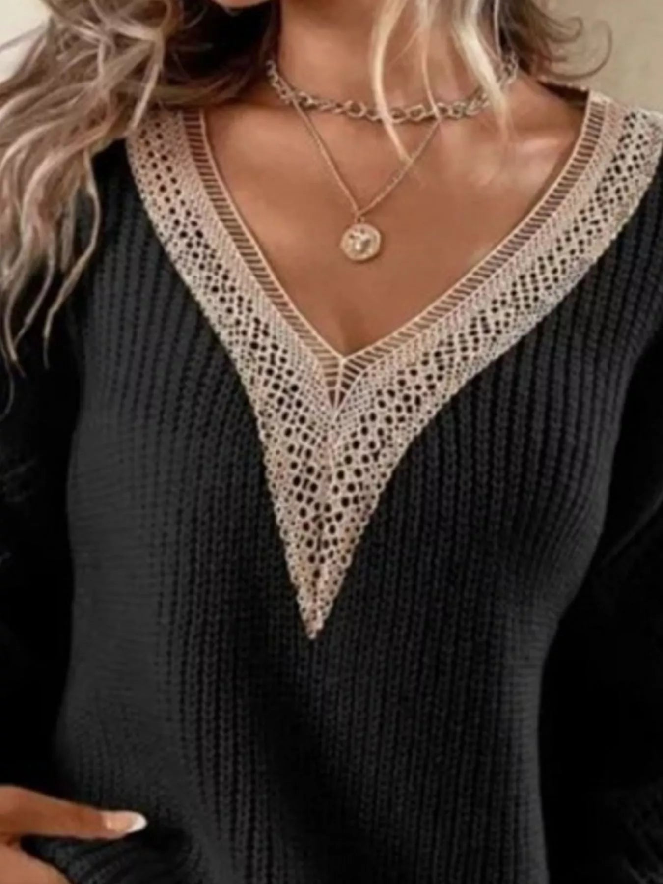 Openwork V-Neck Long Sleeve Sweater 