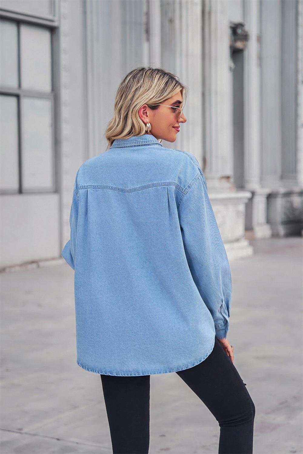 Collared Neck Dropped Shoulder Denim Top 