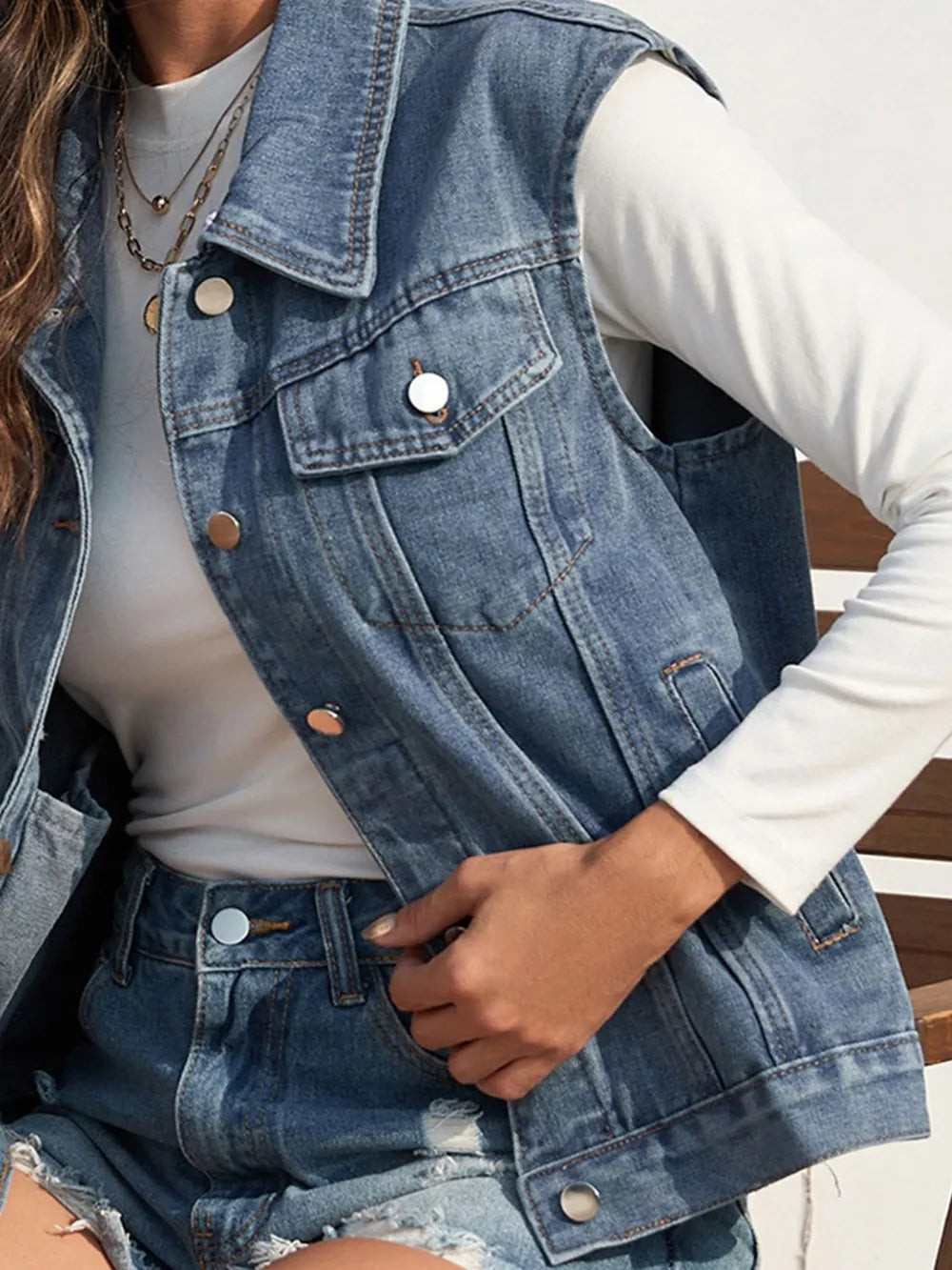 Collared Neck Sleeveless Denim Jacket 