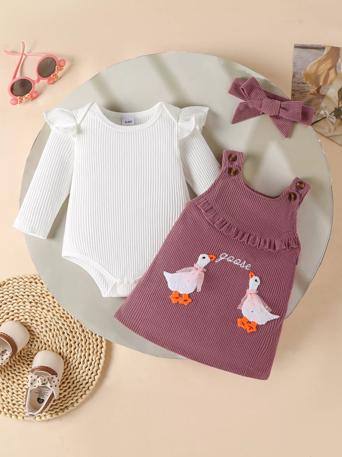 Children's Ruffled Trim Bodysuit and Dress Set with Headband 