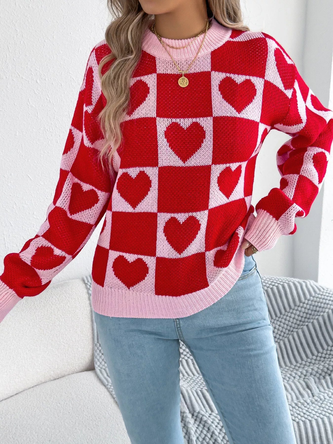 Heart Checkerboard Pattern Round Neck Sweater 