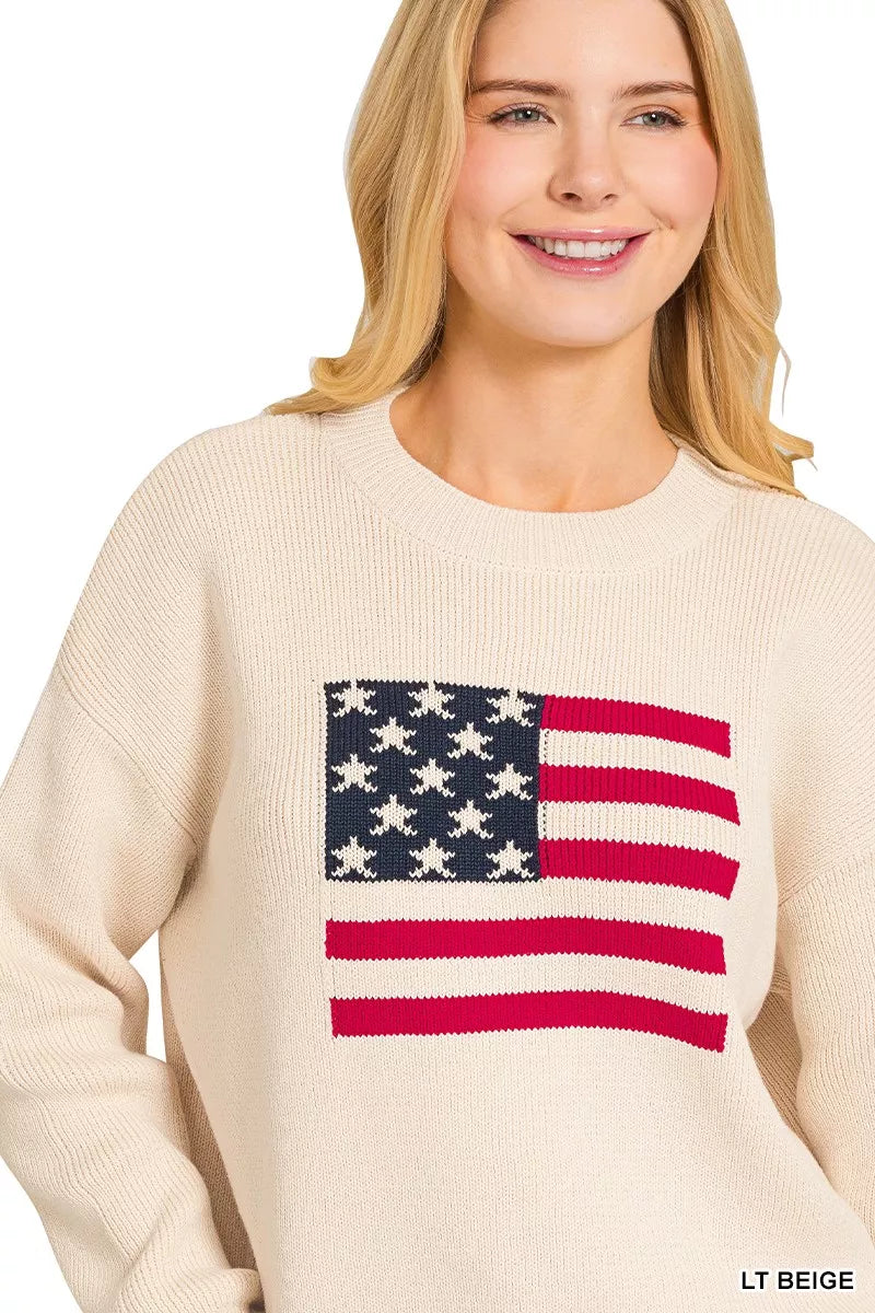 Zenana American Flag Crew Neck Sweater 