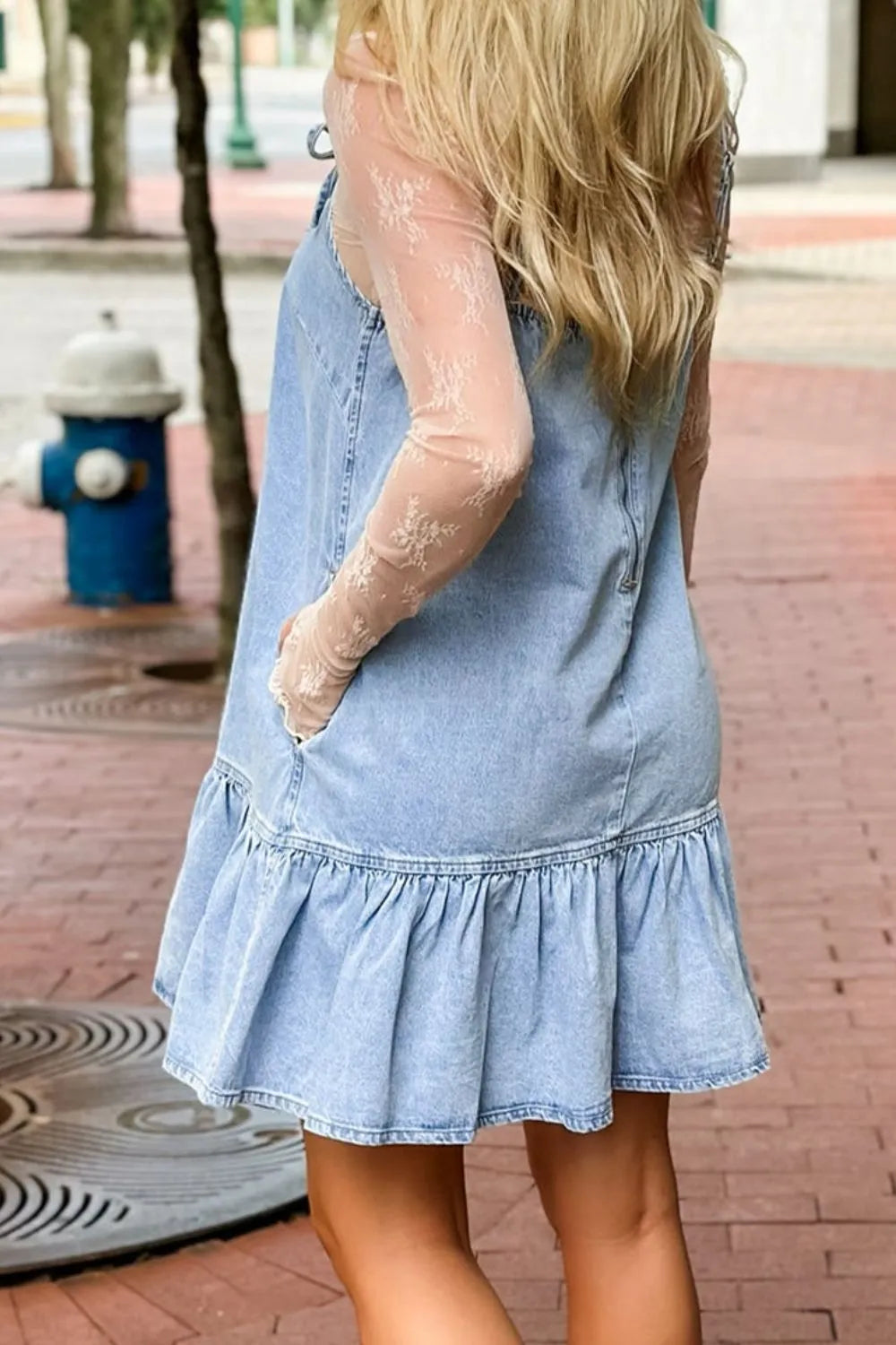 Bow Detail Spaghetti Straps Ruffle Hem Denim Dress 