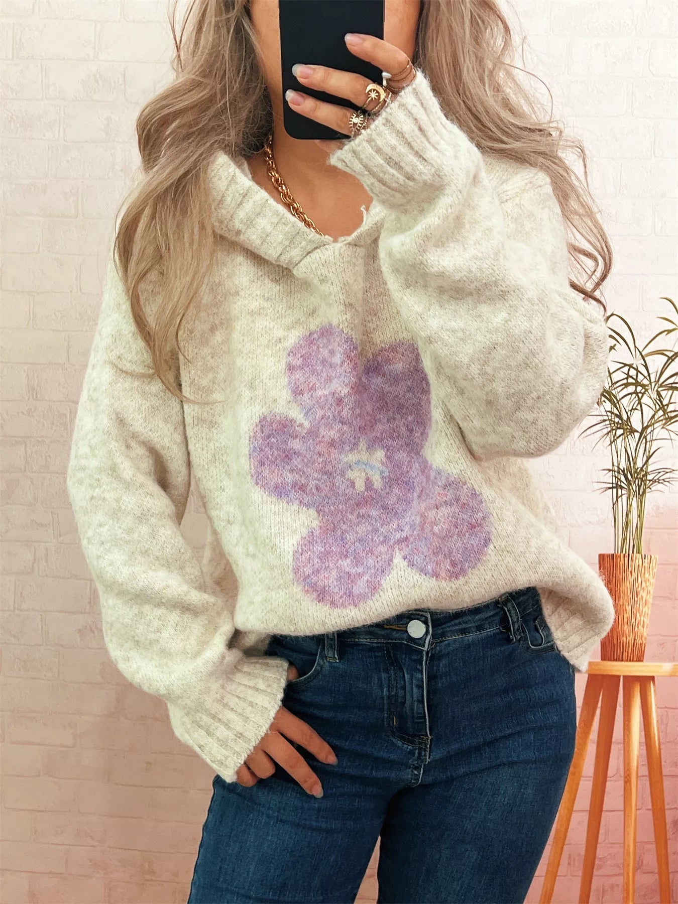Flower Long Sleeve Hooded Sweater 