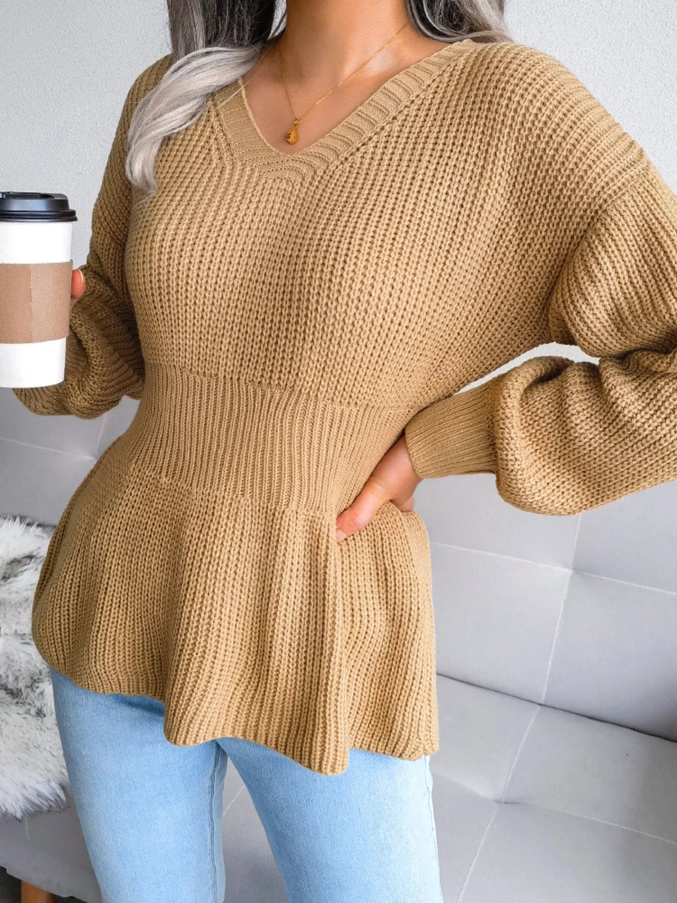 V-Neck Dropped Shoulder Sweater 