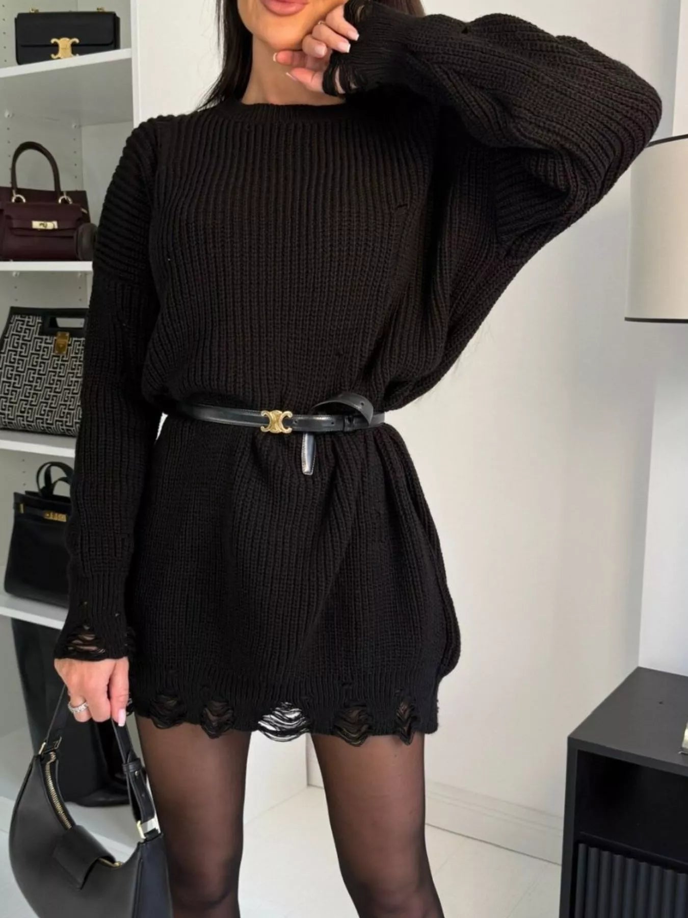 Distressed Round Neck Drop Shoulder Sweater Dress 
