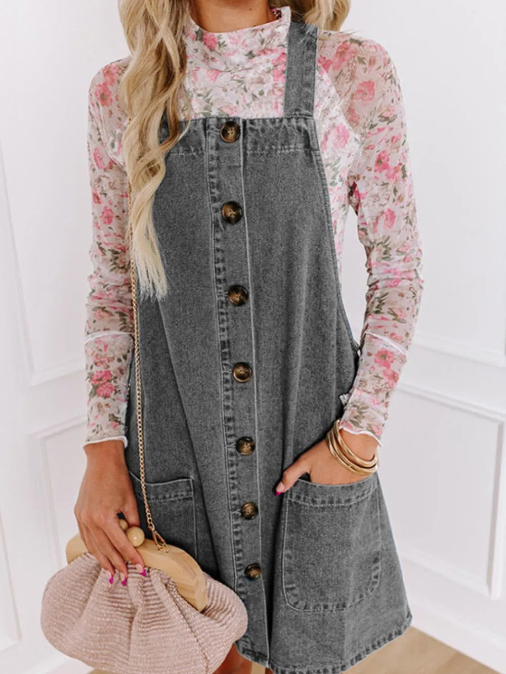 Wide Strap Button Down Denim Overall Dress 