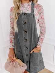 Wide Strap Button Down Denim Overall Dress 
