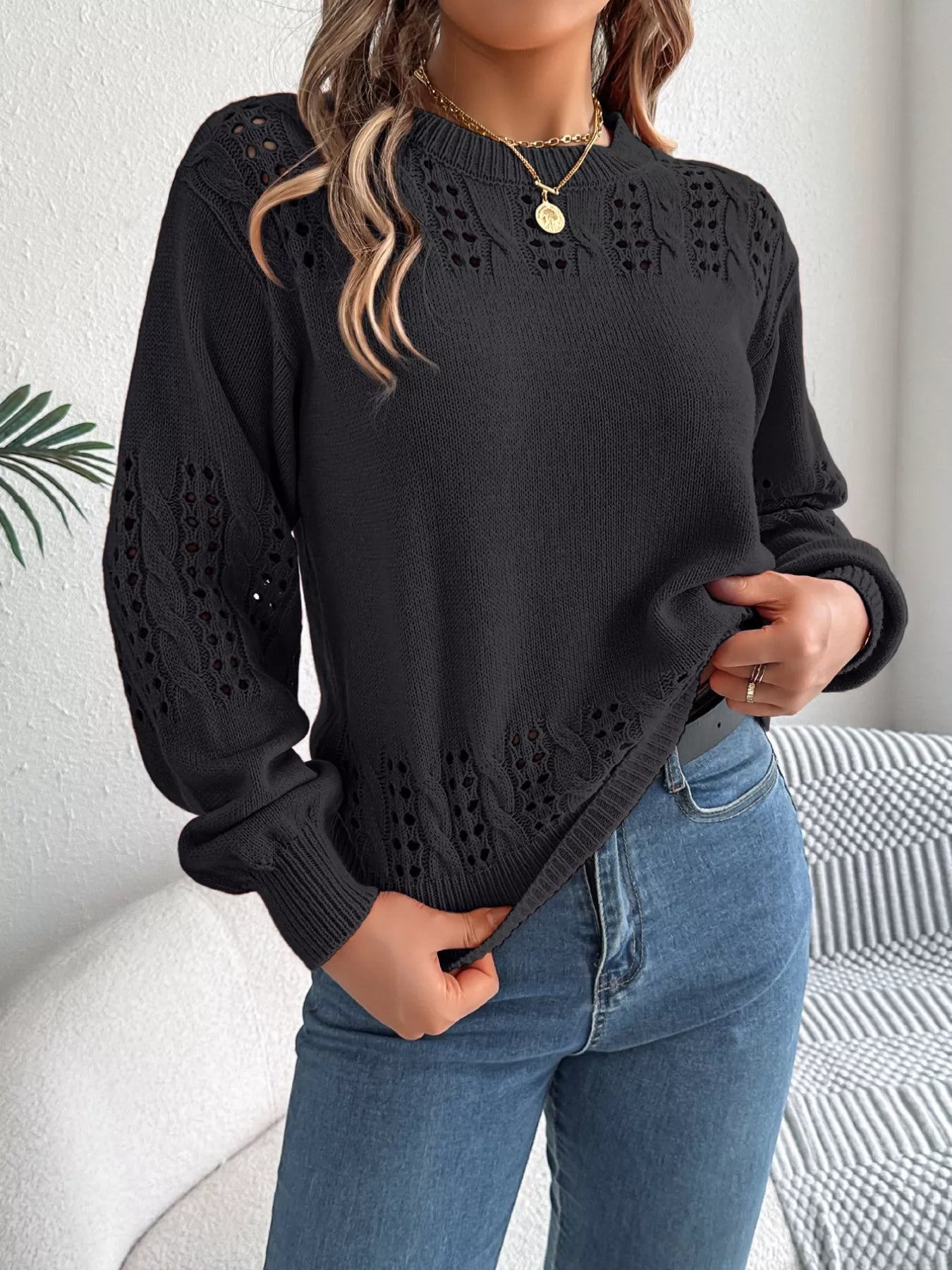 Hollow Out Eyelet Long Sleeve Sweater 