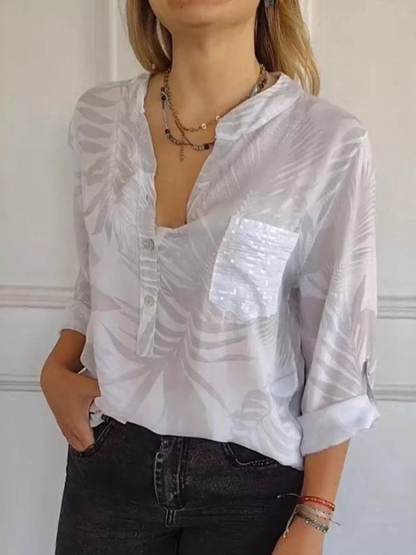 Full Size Printed Button Detail Long Sleeve Blouse Plus Size 