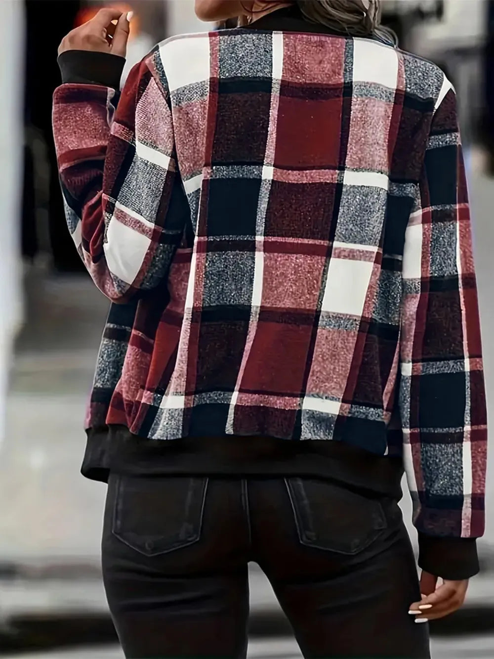 Plus Size Plaid Baseball Collar Zip Up Jacket 