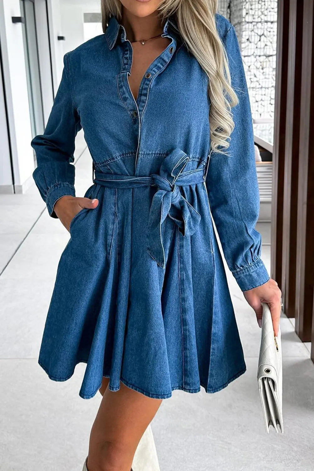 Tied Half Button Long Sleeve Denim Dress 